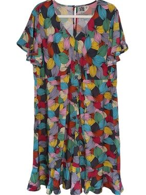 Retro Modern Parsley & Sage Multicolor Leaf-Print Button-Front Midi Dress-L